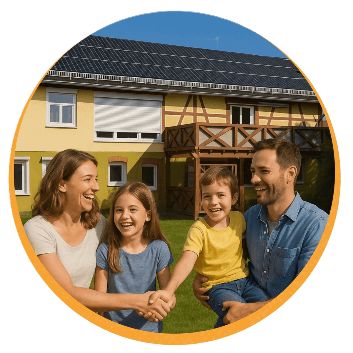 Oktober-Aktionswochen Photovoltaik – SKS Sonnenkraftspeicher Familie vor Haus mit Photovoltaikanlage