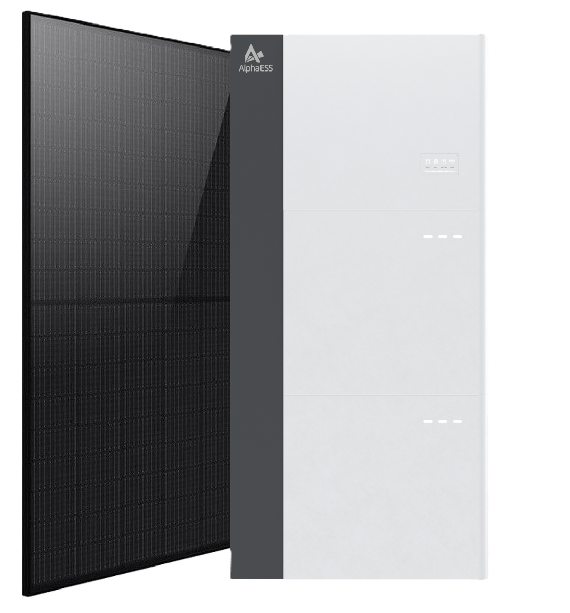 Photovoltaikmodul und Stromspeicher als Komplettpaket in Kombination nebeneinander dargestellt.